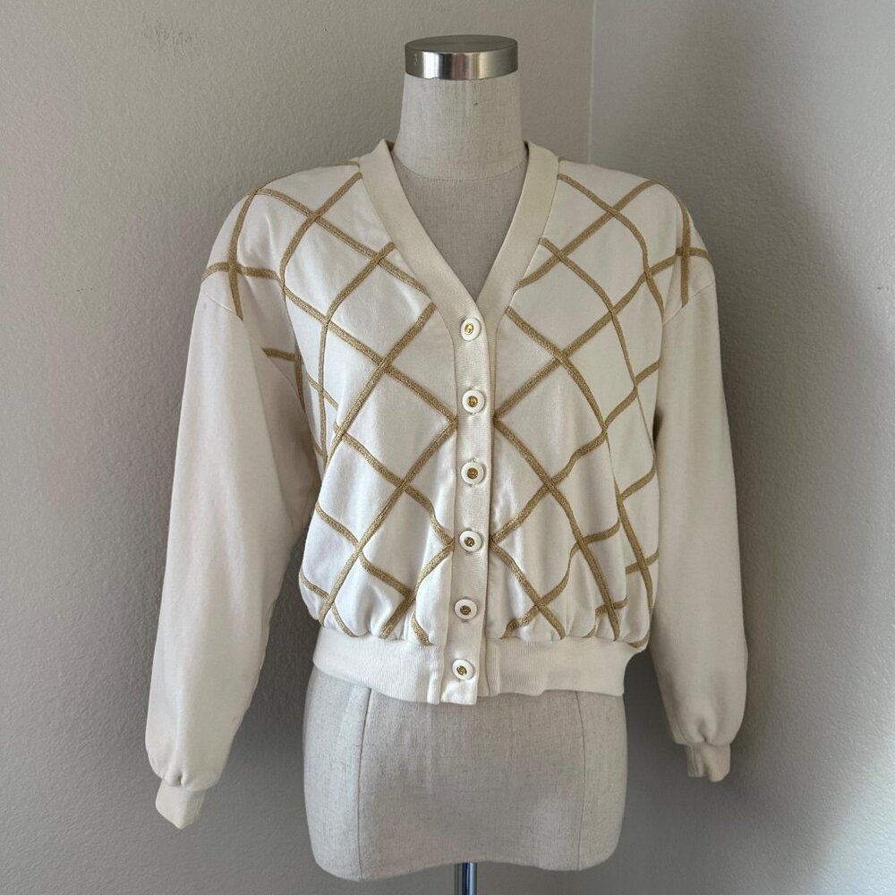 ST John Sport By Marie Gray Front Closure Jacket Long Sleeve Gold Argyle Beige